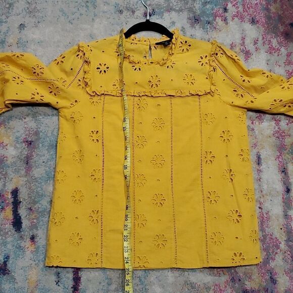 J. Crew Mustard Eyelet Long Sleeve Mock Neck Ruffled Top Size XS - Picture 9 of 13